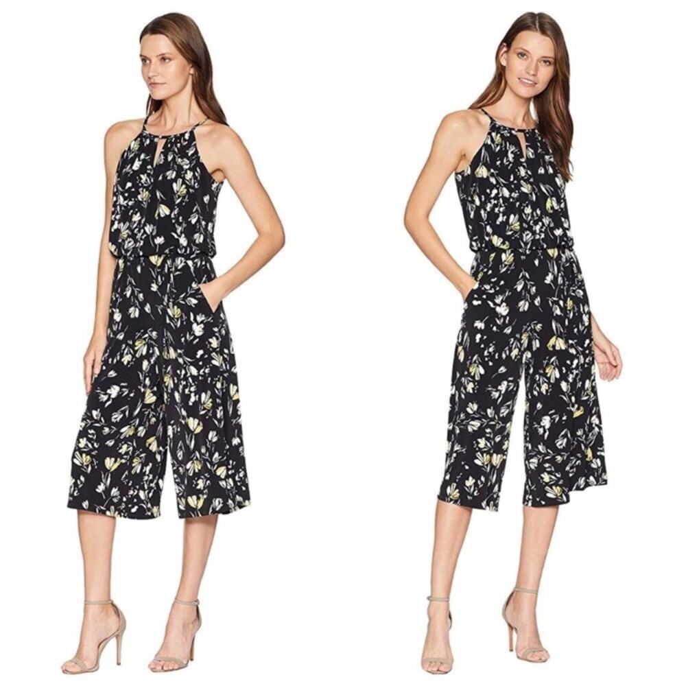 NWT London Times black floral jersey cropped jumpsuit